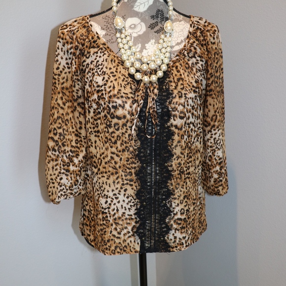 Spoiled Tops - *3/$15* SPOILED Leopard Print Lace Insert Blouse S